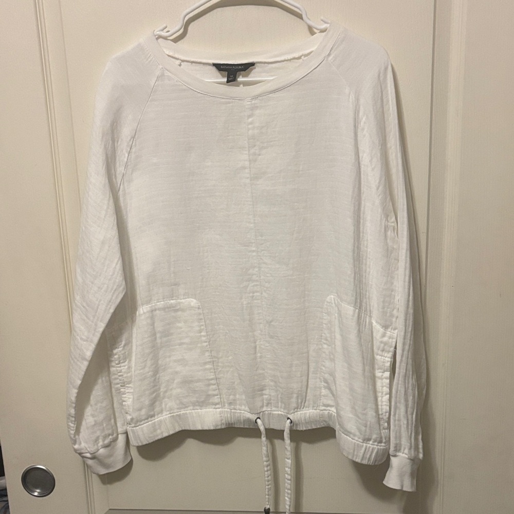 Banana Republic White Drawstring Pullover 100% Cotton Long-Sleeved Shirt